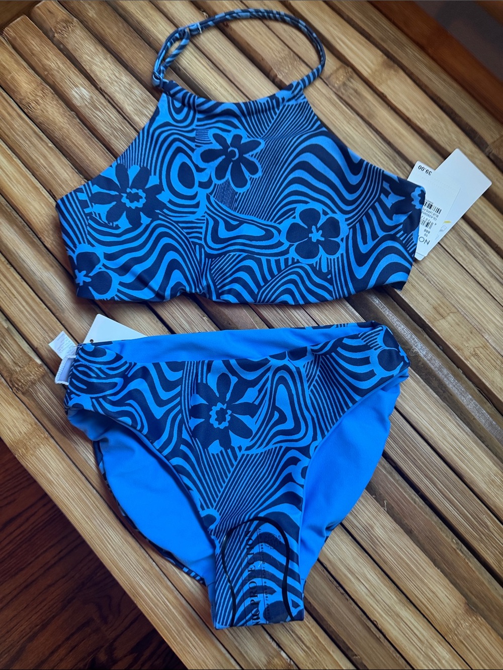 Zella Navy Blue Floral Wave Girls 10 Halter Bikini Set NWT Reversable